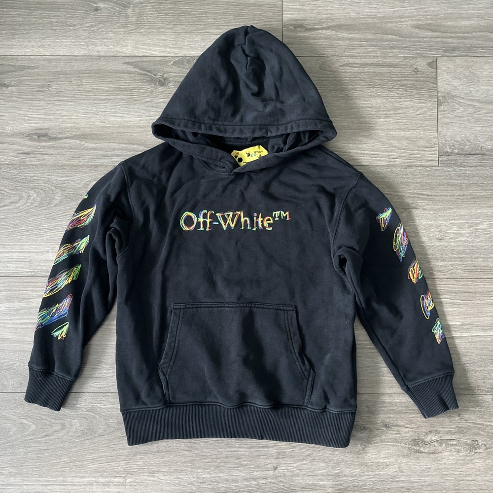 Off White Kids Pullover Hoodie Sweatshirt Black Multicolor Graphic 8 Years